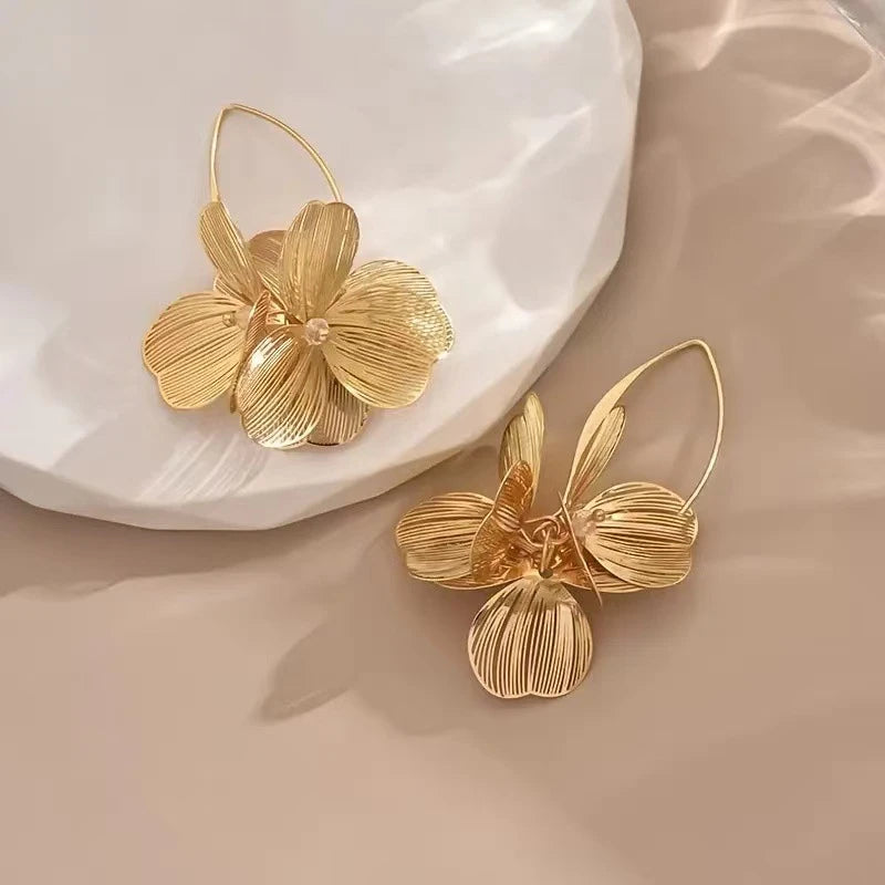 Gold Color Double Layer Hollow Flower Hoop Earring for Women