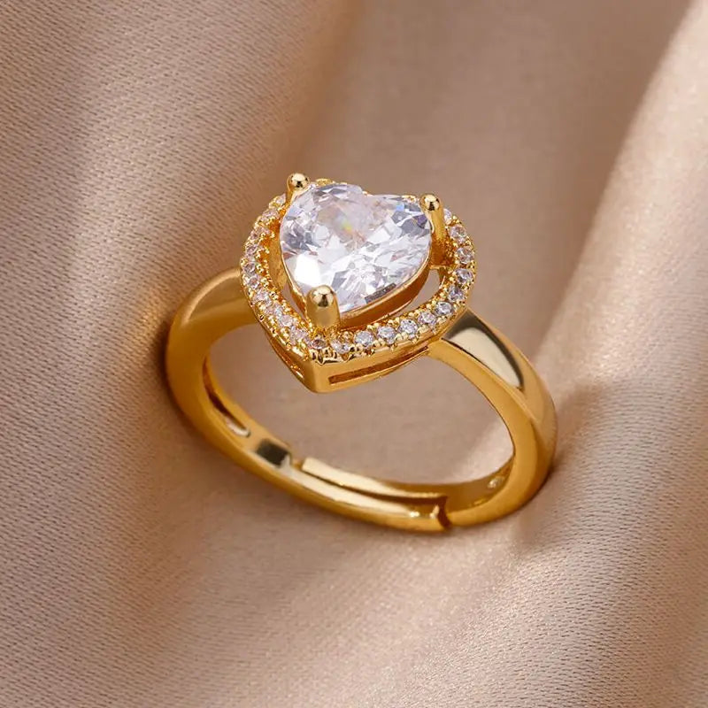 Heart Rings For Women Zircon Gold Plated Heart Adjustable Ring