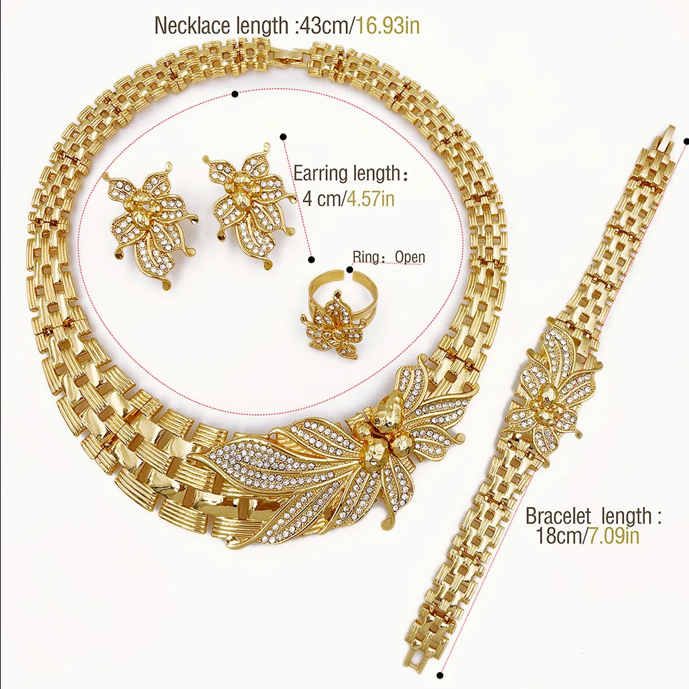 Big Flower Choker Necklace Fine Zircon Bracelet Piercing Earring Ring 18K Gold Plated Jewellery