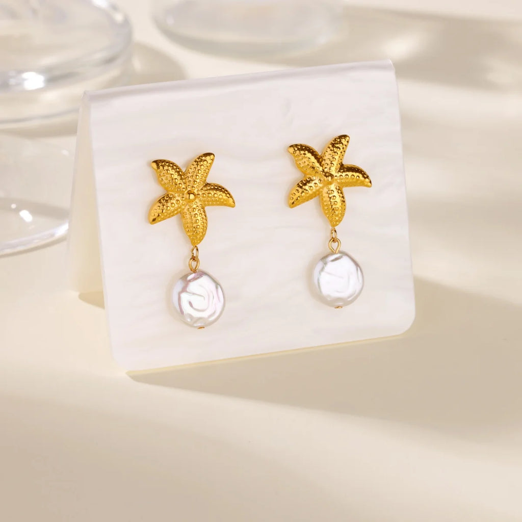 Starfish Conch Stud Earring For Women Imitation Pearl Drop Stainless Steel