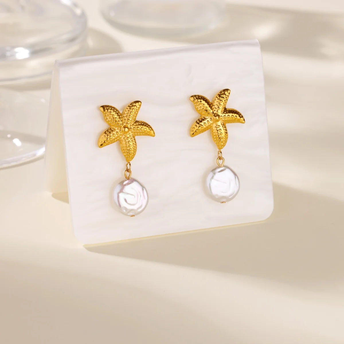 Starfish Conch Stud Earring For Women Imitation Pearl Drop Stainless Steel