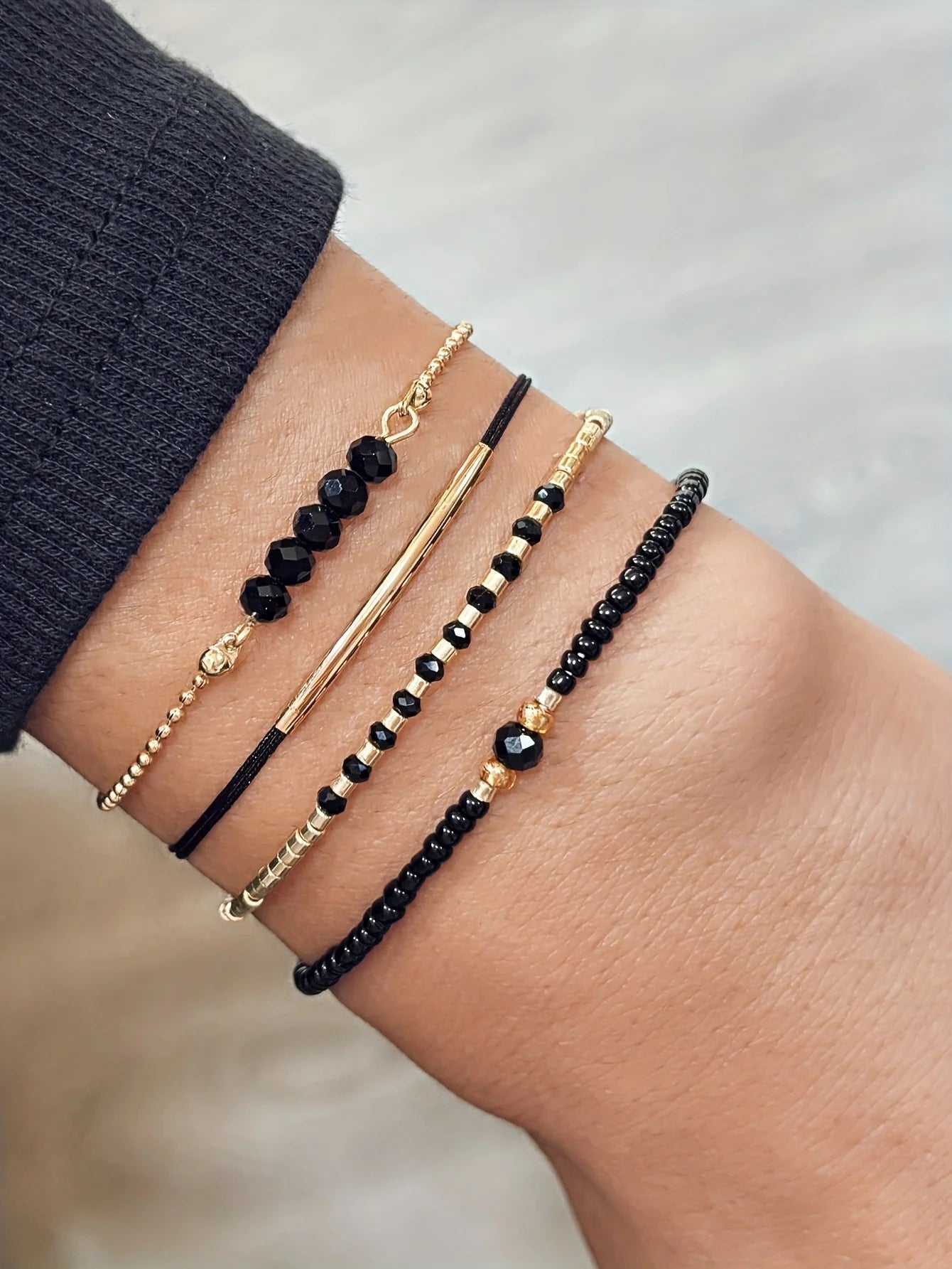 Sara Handmade Black Crystal Mini Bead Women's Bracelet Set Vacation Party Jewelry