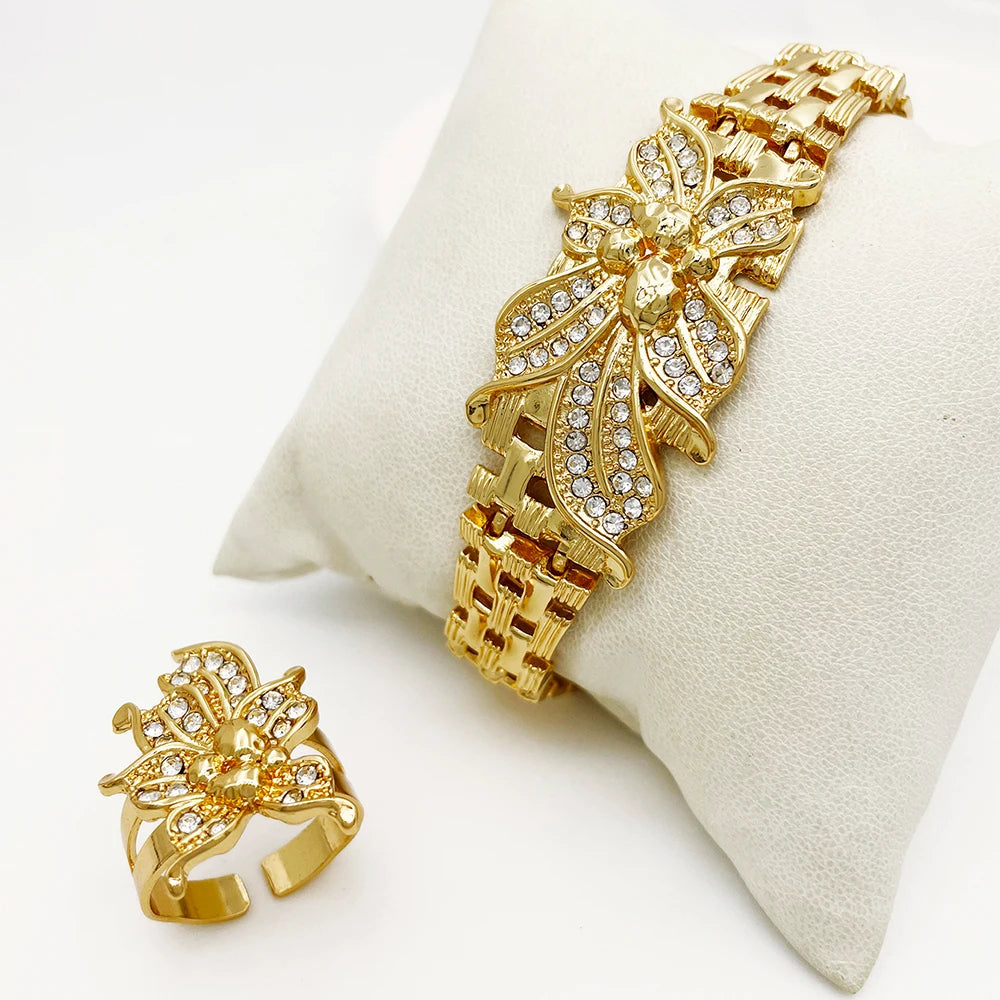 Big Flower Choker Necklace Fine Zircon Bracelet Piercing Earring Ring 18K Gold Plated Jewellery