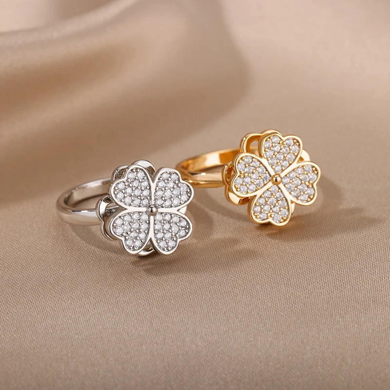 Four Clover Rotating Anxiety Rings for Women Adjustable Stainless Steel