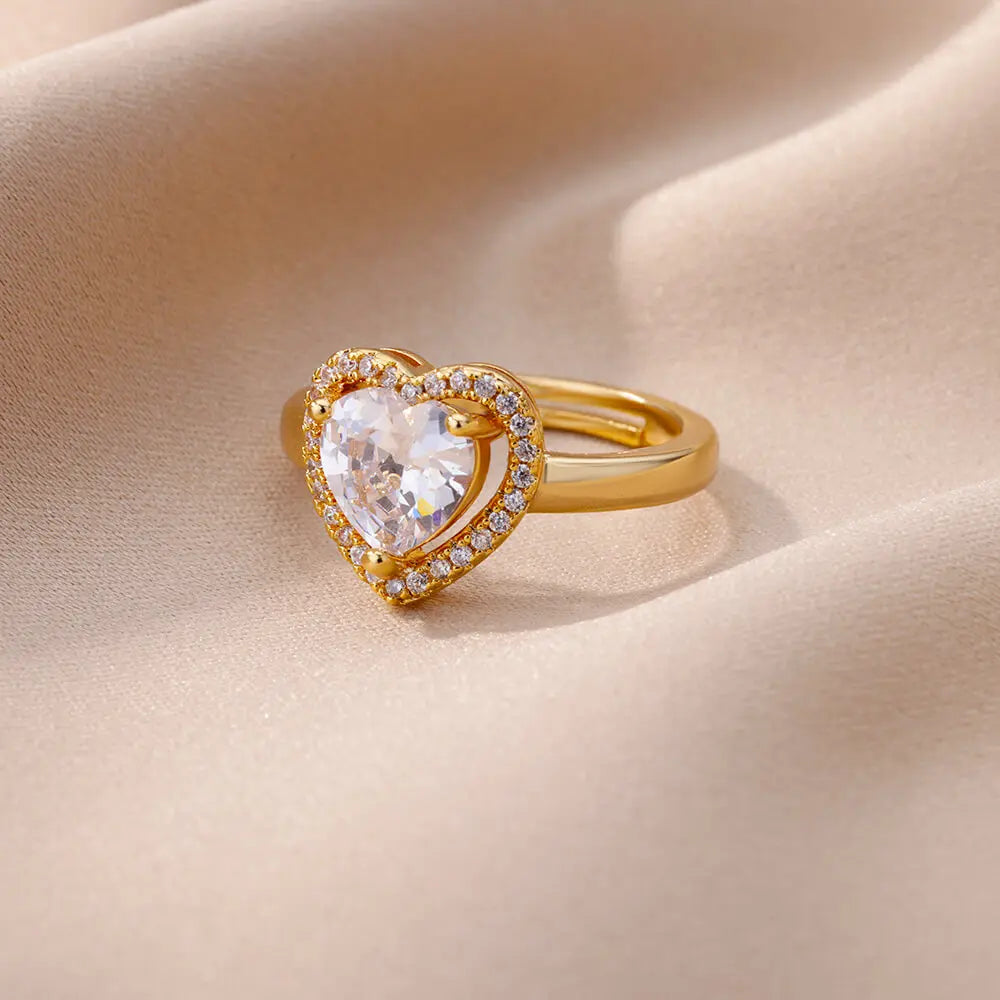 Heart Rings For Women Zircon Gold Plated Heart Adjustable Ring