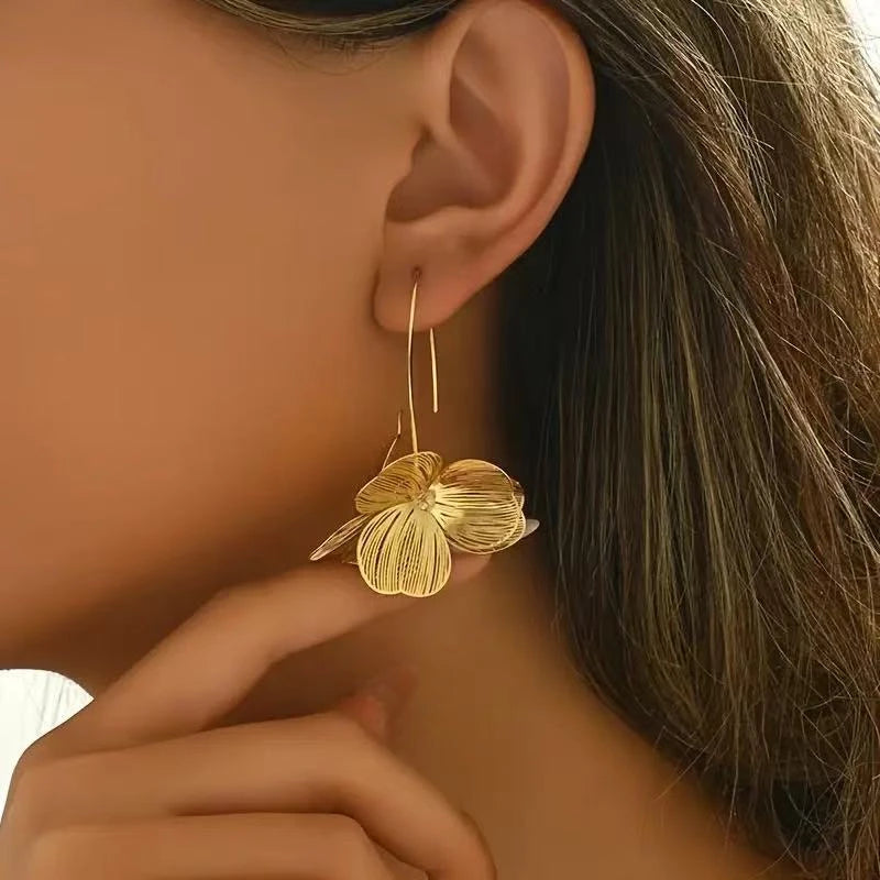 Gold Color Double Layer Hollow Flower Hoop Earring for Women
