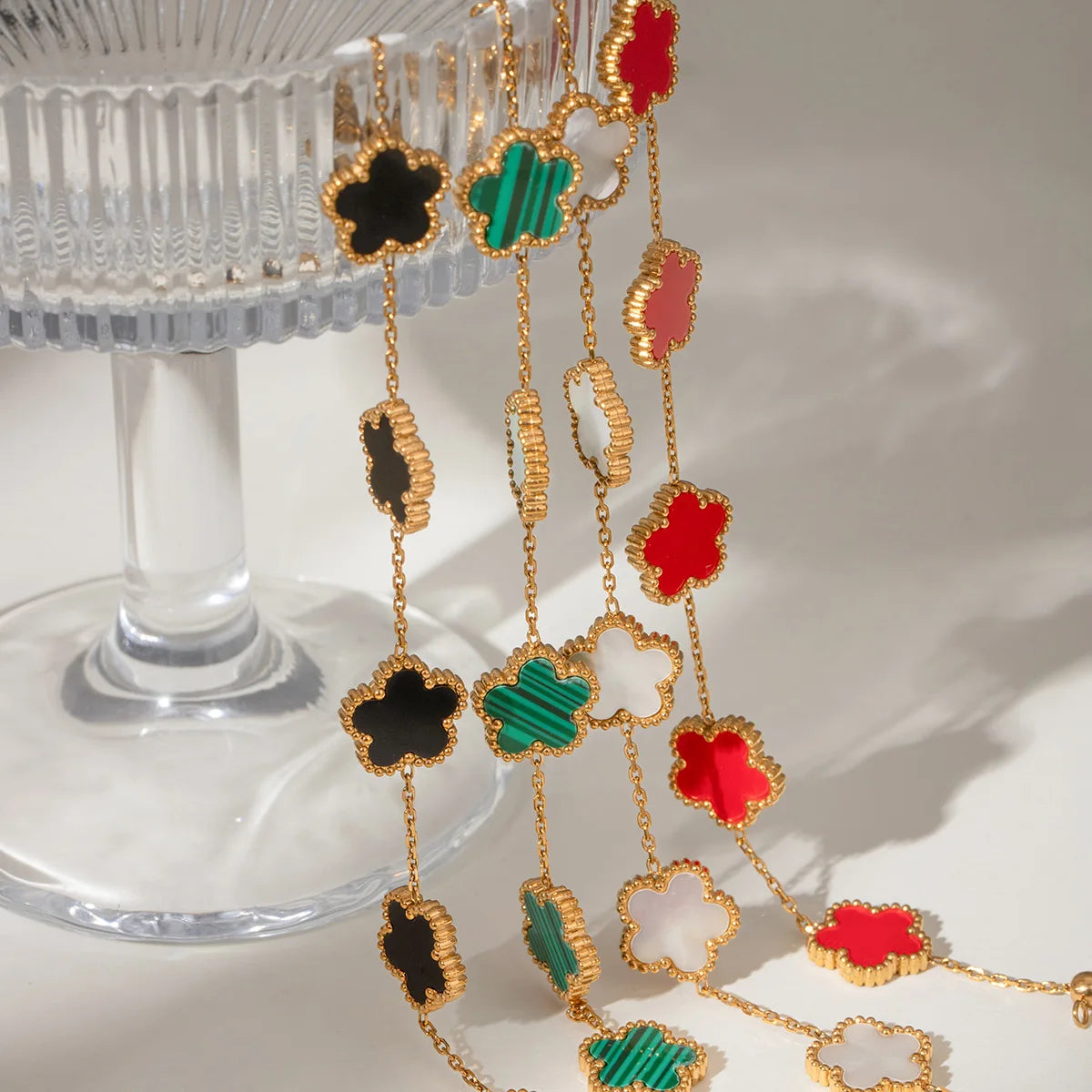ROSE Stainless Steel Solid Color Flower Four-leaf Clover Bracelet Women 18k Gold