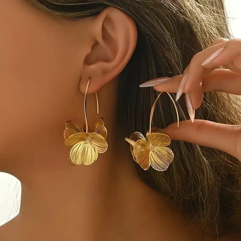 Gold Color Double Layer Hollow Flower Hoop Earring for Women
