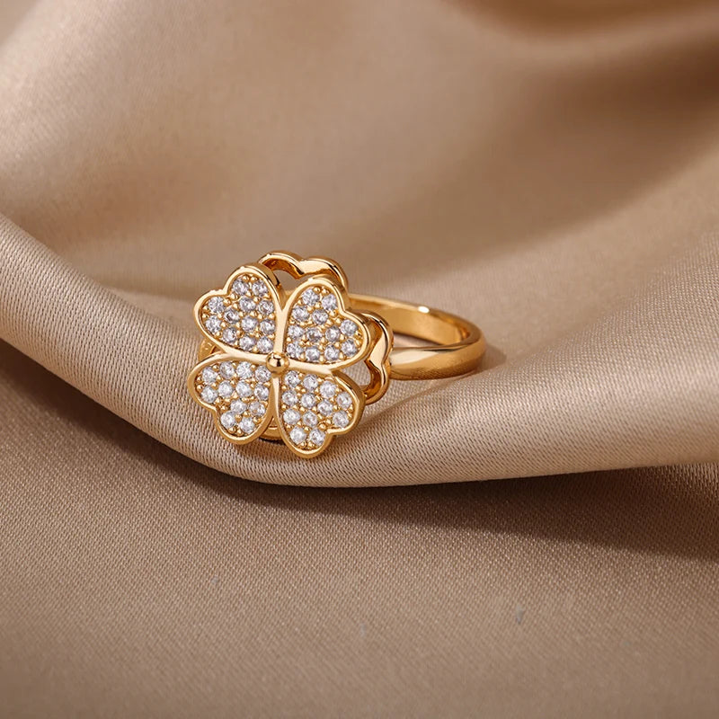 Four Clover Rotating Anxiety Rings for Women Adjustable Stainless Steel