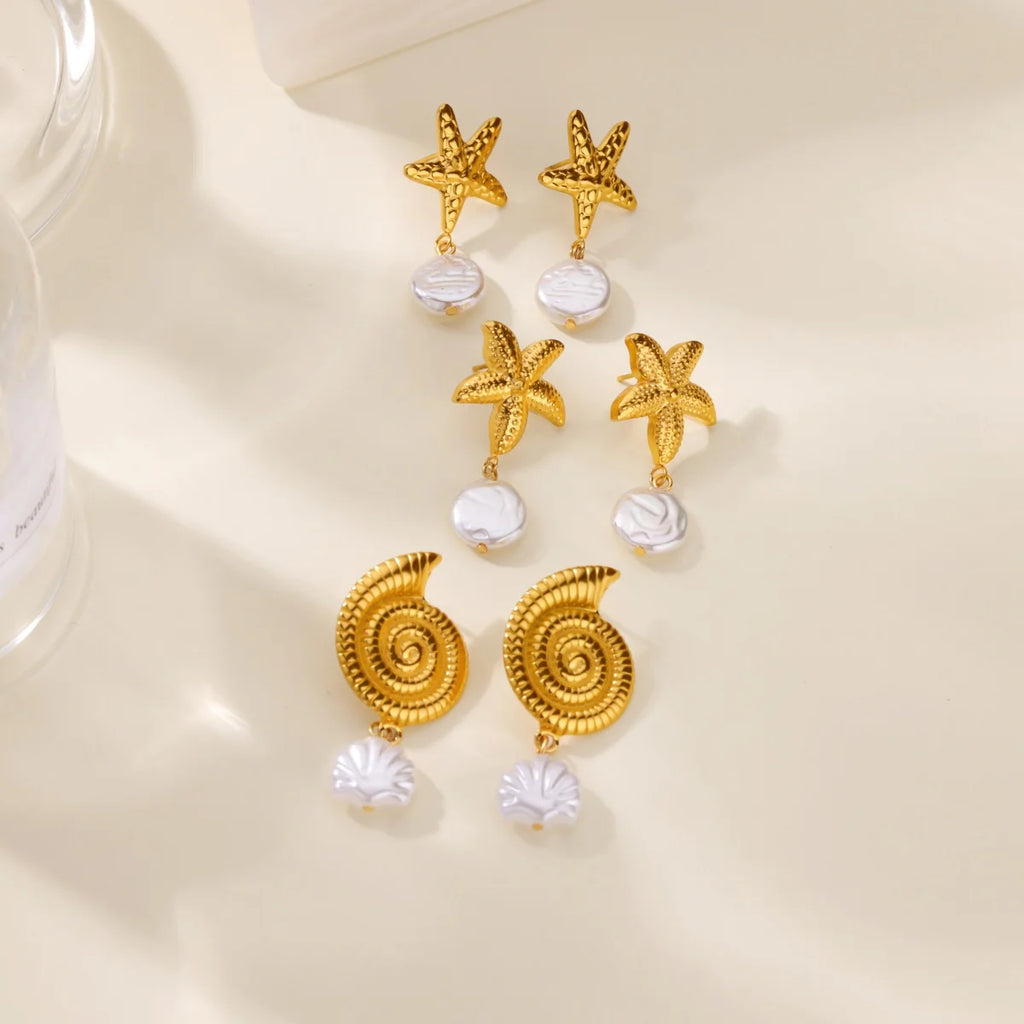 Starfish Conch Stud Earring For Women Imitation Pearl Drop Stainless Steel