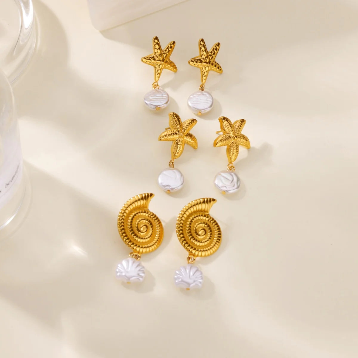 Starfish Conch Stud Earring For Women Imitation Pearl Drop Stainless Steel